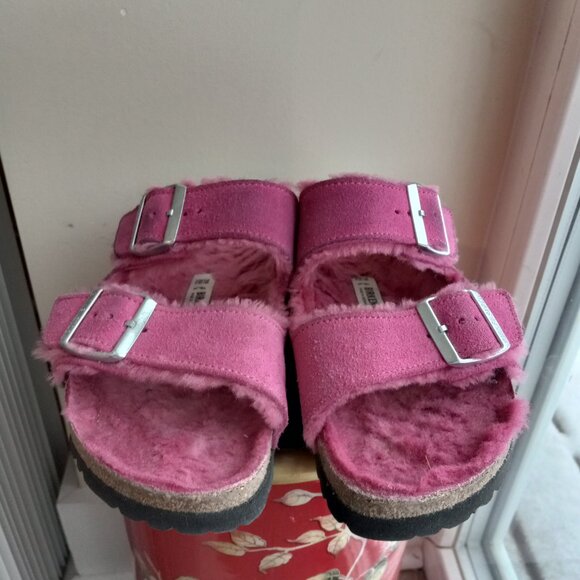 Birkenstock Arizona Pink Shearling Suede Sandals Size 39 US 8 - 8.5 - Picture 2 of 16